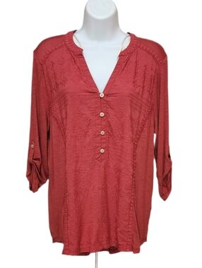 Democracy Embroidered Lace Blouse Top Split Neck Roll Tab 3/4 Sleeves CMRO M